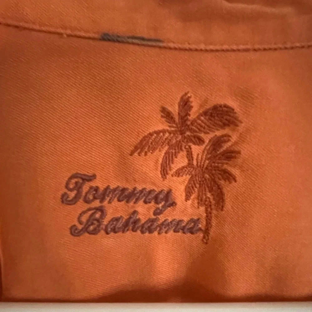 TOMMY BAHAMA Button Shirt 100% Silk Orange Men’s Size Large Tropical Beach - Picture 5 of 10
